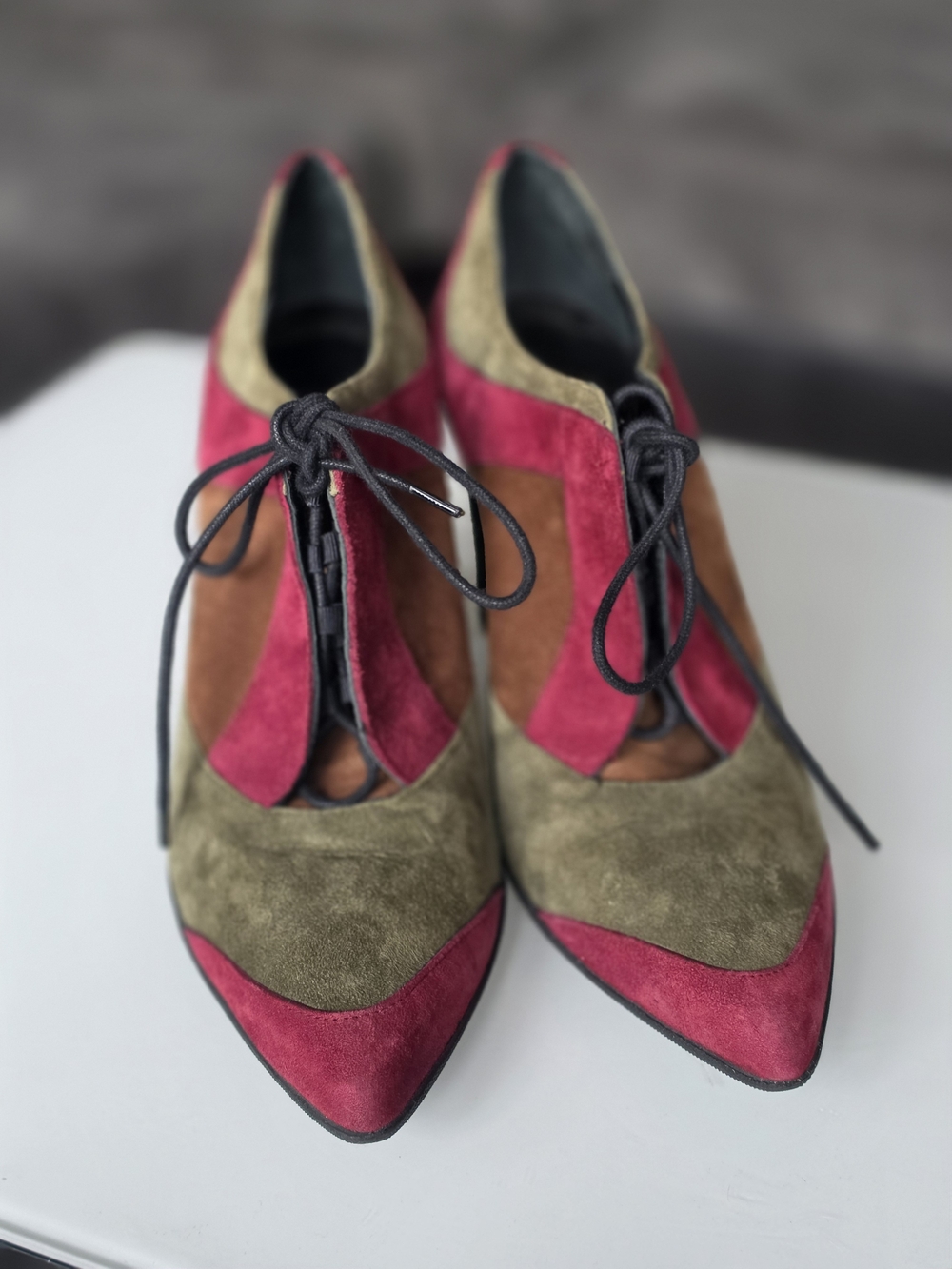 Prada Suede Colorblock Lace-Up Heels in Fuchsia, Olive & Chestnut - Picture 6 of 7